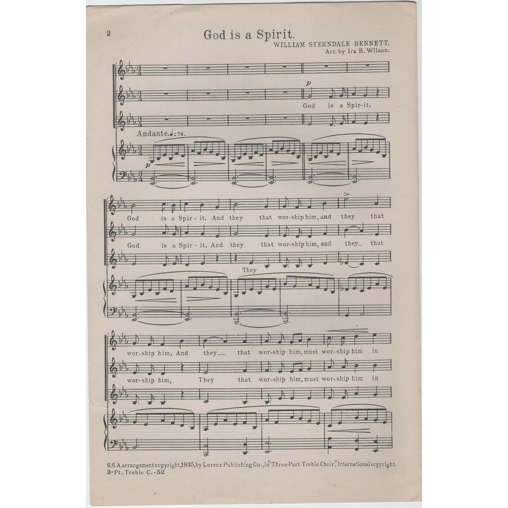 Vintage God Is A Spirit Anthem Sheet Music William Sterndale Bennett SSA 1935 - Picture 2 of 2